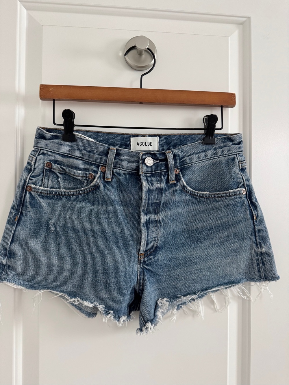 Agolde PARKER VINTAGE CUT OFF SHORT Mid-Blue Frayed Hem Denim Shorts size 26
